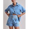 imagechouyatou Summer Denim Sets for Women Short Sleeve Button Down Shirt Elastic Waist Wide Leg Jean Shorts 2 Piece OutfitLight Blue
