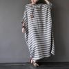 imagechouyatou Women Loose Half Sleeve Cotton Linen Dress Striped Crewneck Maxi Long Kaftan Dress with PocketBlack