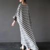 imagechouyatou Women Loose Half Sleeve Cotton Linen Dress Striped Crewneck Maxi Long Kaftan Dress with PocketBlack