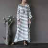 imagechouyatou Women Loose Half Sleeve Cotton Linen Dress Striped Crewneck Maxi Long Kaftan Dress with PocketBlack
