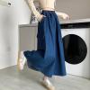imagechouyatou Womens Cute Elastic High Waist Swing Jean Skirt A Line Long Midi Flare Denim Skirt with PocketsDark Blue