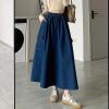 imagechouyatou Womens Cute Elastic High Waist Swing Jean Skirt A Line Long Midi Flare Denim Skirt with PocketsDark Blue