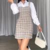 imagechouyatou Womens Cute Pencil Tweed Pinafore Dress V Neck Sleeveless Plaid Mini Short Overall Vest DressApricot