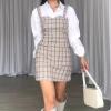 imagechouyatou Womens Cute Pencil Tweed Pinafore Dress V Neck Sleeveless Plaid Mini Short Overall Vest DressApricot