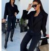 imagechouyatou Womens Double Breasted Cropped Wool Blazer Casual Lapel Short Wool Pea Coat with PocketsBlack