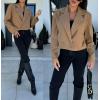 imagechouyatou Womens Double Breasted Cropped Wool Blazer Casual Lapel Short Wool Pea Coat with PocketsKhaki