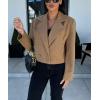 imagechouyatou Womens Double Breasted Cropped Wool Blazer Casual Lapel Short Wool Pea Coat with PocketsKhaki