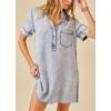 imagechouyatou Womens Short Cuffed Sleeve Washed Denim Dress Loose VNeck Collared Mini Jean Shirt DressLight Blue
