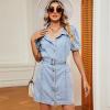 imagechouyatou Womens Summer Casual Short Puff Sleeve Denim Dress Button Down Tie Waist Mini Jean DressLight Blue