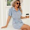 imagechouyatou Womens Summer Casual Short Puff Sleeve Denim Dress Button Down Tie Waist Mini Jean DressLight Blue