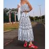 imagechouyatou Womens Summer Floral Print 2 Piece Outfits Spaghetti Strap Crop Top ampamp Ruffle Swing Long Skirt SetWhite