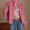 imagechouyatou Womens Winter Casual Wool Blend Crop Trench Coat Stand Collar Button Down Loose Short JacketPink