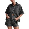 imagechouyatou Summer Denim Sets for Women Short Sleeve Button Down Shirt Elastic Waist Wide Leg Jean Shorts 2 Piece OutfitGray