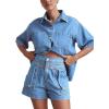 imagechouyatou Summer Denim Sets for Women Short Sleeve Button Down Shirt Elastic Waist Wide Leg Jean Shorts 2 Piece OutfitLight Blue