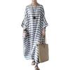 imagechouyatou Women Loose Half Sleeve Cotton Linen Dress Striped Crewneck Maxi Long Kaftan Dress with PocketBlack