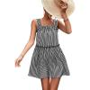 imagechouyatou Women Summer Striped Printed Spaghetti Strap Tank Dress Beach Flowy Ruffle Mini Short SundressBlack