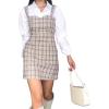 imagechouyatou Womens Cute Pencil Tweed Pinafore Dress V Neck Sleeveless Plaid Mini Short Overall Vest DressApricot