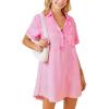 imagechouyatou Womens Short Cuffed Sleeve Washed Denim Dress Loose VNeck Collared Mini Jean Shirt DressPink