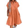 imagechouyatou Womens Summer Button Down Shirt Dress Casual VNeck Pleated Cotton Short Tunic DressOrange
