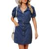 imagechouyatou Womens Summer Casual Short Puff Sleeve Denim Dress Button Down Tie Waist Mini Jean DressDark Blue
