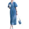 imagechouyatou Womens Summer Puff Sleeve Button Down Midi Denim Dress Casual VNeck Jean Shift DressBlue