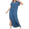 imagechouyatou Womens Summer Western Button Front Denim Shirt Dress Y2k Lapel Side Slit Jean Maxi Long DressBlue