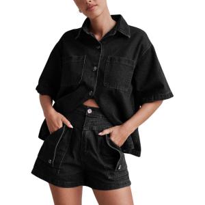 imagechouyatou Summer Denim Sets for Women Short Sleeve Button Down Shirt Elastic Waist Wide Leg Jean Shorts 2 Piece OutfitBlack