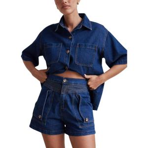 imagechouyatou Summer Denim Sets for Women Short Sleeve Button Down Shirt Elastic Waist Wide Leg Jean Shorts 2 Piece OutfitDark Blue