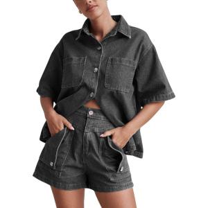 imagechouyatou Summer Denim Sets for Women Short Sleeve Button Down Shirt Elastic Waist Wide Leg Jean Shorts 2 Piece OutfitGray