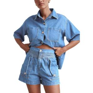 imagechouyatou Summer Denim Sets for Women Short Sleeve Button Down Shirt Elastic Waist Wide Leg Jean Shorts 2 Piece OutfitLight Blue