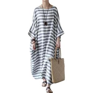 imagechouyatou Women Loose Half Sleeve Cotton Linen Dress Striped Crewneck Maxi Long Kaftan Dress with PocketBlack