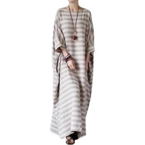 imagechouyatou Women Loose Half Sleeve Cotton Linen Dress Striped Crewneck Maxi Long Kaftan Dress with PocketKhaki