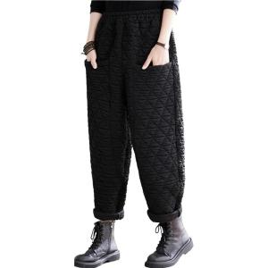 imagechouyatou Women Winter Warm Padded Quilted Pants Wide Leg Down Cotton Pants Thicker Harem Trousers with PocketsBlack