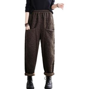 imagechouyatou Women Winter Warm Padded Quilted Pants Wide Leg Down Cotton Pants Thicker Harem Trousers with PocketsBrown
