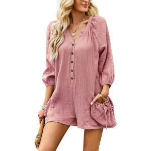 imagechouyatou Womens 34 Sleeve Wide Leg Summer Rompers Shorts Loose Fit Cute Casual JumpsuitsPink