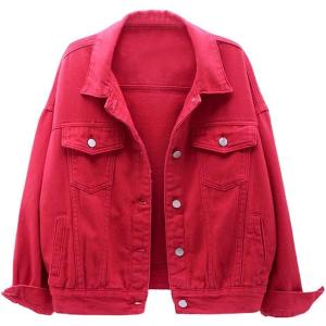 imagechouyatou Womens Casual Light Button Up Candy Color Short Denim Trucker JacketRed