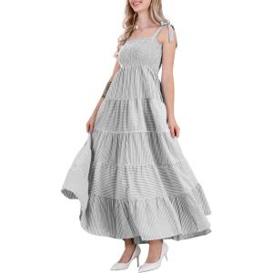 imagechouyatou Womens Color Block Striped Smocked Maxi Dress Sexy Spaghetti Strap Tiered Flowy Beach Maxi DressBlack