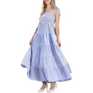 imagechouyatou Womens Color Block Striped Smocked Maxi Dress Sexy Spaghetti Strap Tiered Flowy Beach Maxi DressBlue Striped