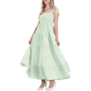 imagechouyatou Womens Color Block Striped Smocked Maxi Dress Sexy Spaghetti Strap Tiered Flowy Beach Maxi DressGreen