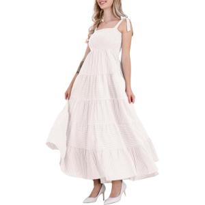 imagechouyatou Womens Color Block Striped Smocked Maxi Dress Sexy Spaghetti Strap Tiered Flowy Beach Maxi DressKhaki