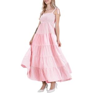 imagechouyatou Womens Color Block Striped Smocked Maxi Dress Sexy Spaghetti Strap Tiered Flowy Beach Maxi DressRed