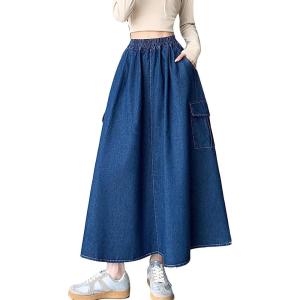 imagechouyatou Womens Cute Elastic High Waist Swing Jean Skirt A Line Long Midi Flare Denim Skirt with PocketsDark Blue