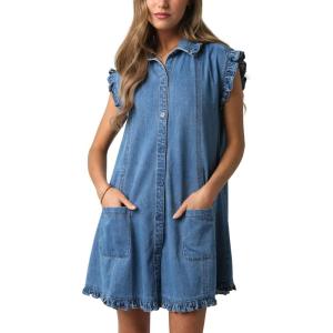 imagechouyatou Womens Denim Sleeveless Button Down Dress Jean Tunic Mini Dress Frilly Tank Dress with PocketsBlue