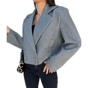 imagechouyatou Womens Double Breasted Cropped Wool Blazer Casual Lapel Short Wool Pea Coat with PocketsDark Gray