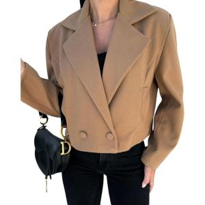 imagechouyatou Womens Double Breasted Cropped Wool Blazer Casual Lapel Short Wool Pea Coat with PocketsKhaki