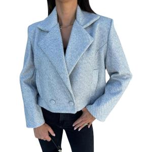 imagechouyatou Womens Double Breasted Cropped Wool Blazer Casual Lapel Short Wool Pea Coat with PocketsLight Gray