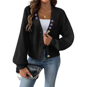 imagechouyatou Womens Floral Embroidered Cropped Cardigans VNeck Button Down Short Cardigan SweatersBlack