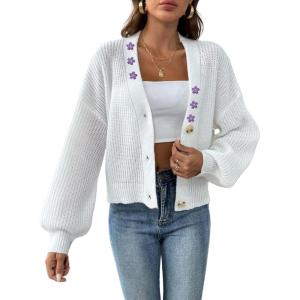 imagechouyatou Womens Floral Embroidered Cropped Cardigans VNeck Button Down Short Cardigan SweatersWhite