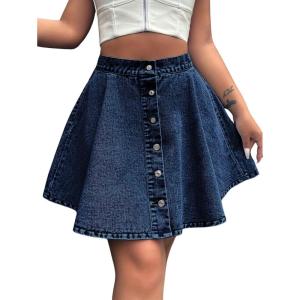 imagechouyatou Womens High Waisted Denim Button Down Mini Skirt Cute ALine Skater Short Jean SkirtDark Blue