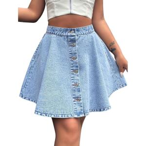 imagechouyatou Womens High Waisted Denim Button Down Mini Skirt Cute ALine Skater Short Jean SkirtLight Blue
